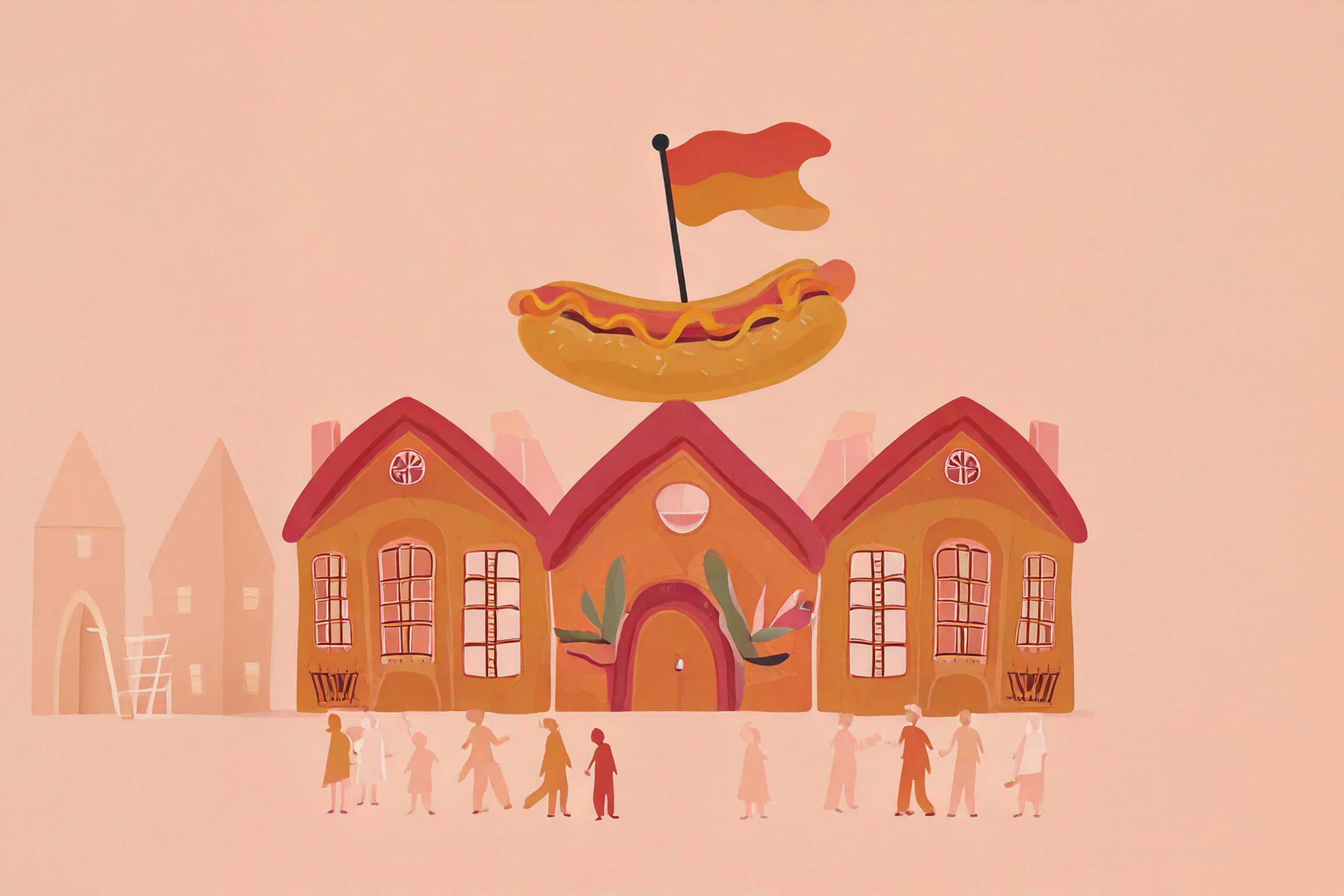 Imbiss-Haus mit Gästen vor der Tür abstrakt